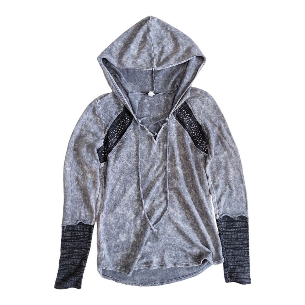 Venus Charcoal Gray Mineral Wash Hooded Pullover W/ Rhinestones Size S